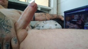Jerking off Hairless Cock to Porn Outside.